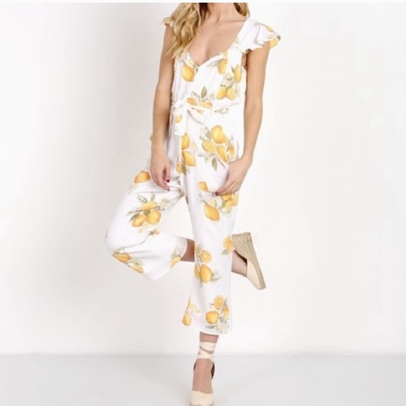 For Love And Lemons 🍋 Limonada Floral Lemon Print Jumpsuit Cropped Romper XS - Picture 2 of 9